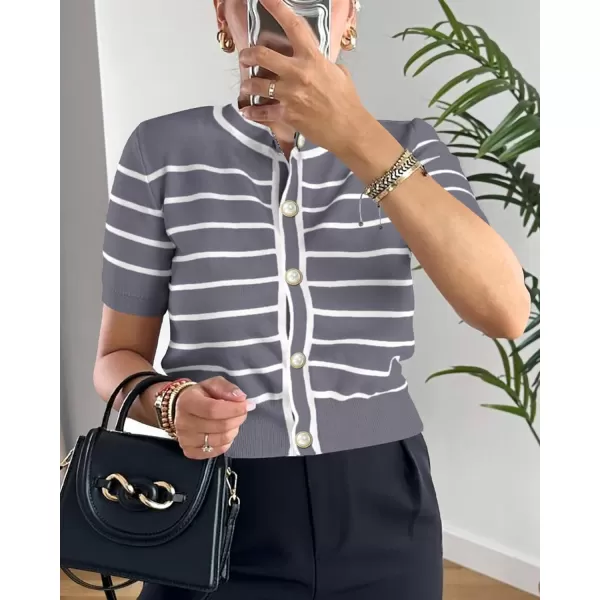 imagePRETTYGARDEN Womens Summer Knit Tops Short Sleeve Crewneck Button Down Striped Shirts Dressy Casual Cute Ladies BlousesGrey