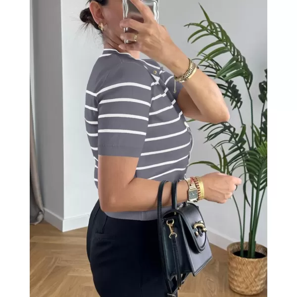 imagePRETTYGARDEN Womens Summer Knit Tops Short Sleeve Crewneck Button Down Striped Shirts Dressy Casual Cute Ladies BlousesGrey