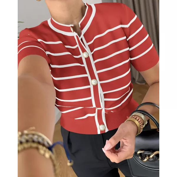imagePRETTYGARDEN Womens Summer Knit Tops Short Sleeve Crewneck Button Down Striped Shirts Dressy Casual Cute Ladies BlousesRust Red