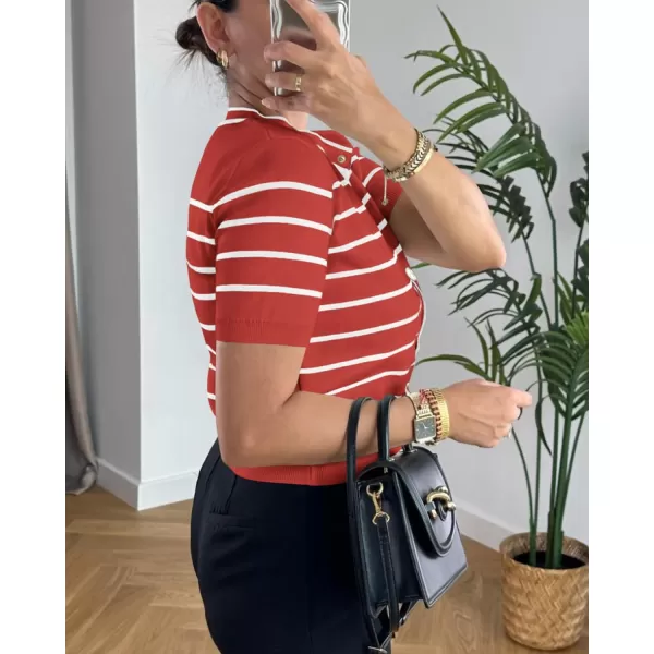 imagePRETTYGARDEN Womens Summer Knit Tops Short Sleeve Crewneck Button Down Striped Shirts Dressy Casual Cute Ladies BlousesRust Red