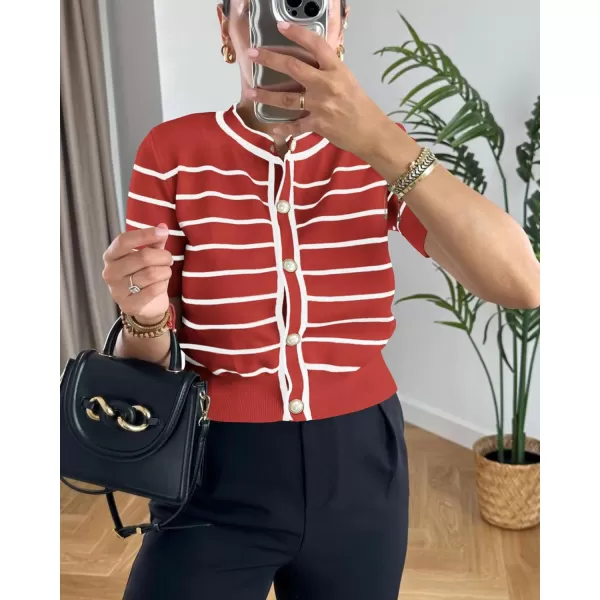 imagePRETTYGARDEN Womens Summer Knit Tops Short Sleeve Crewneck Button Down Striped Shirts Dressy Casual Cute Ladies BlousesRust Red