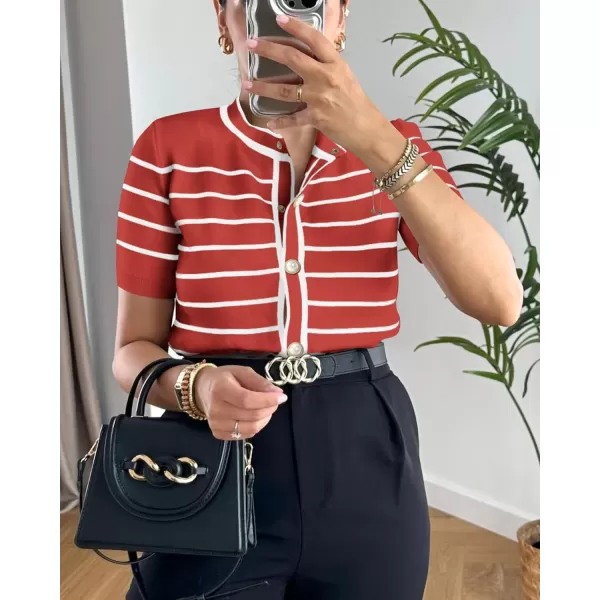 imagePRETTYGARDEN Womens Summer Knit Tops Short Sleeve Crewneck Button Down Striped Shirts Dressy Casual Cute Ladies BlousesRust Red