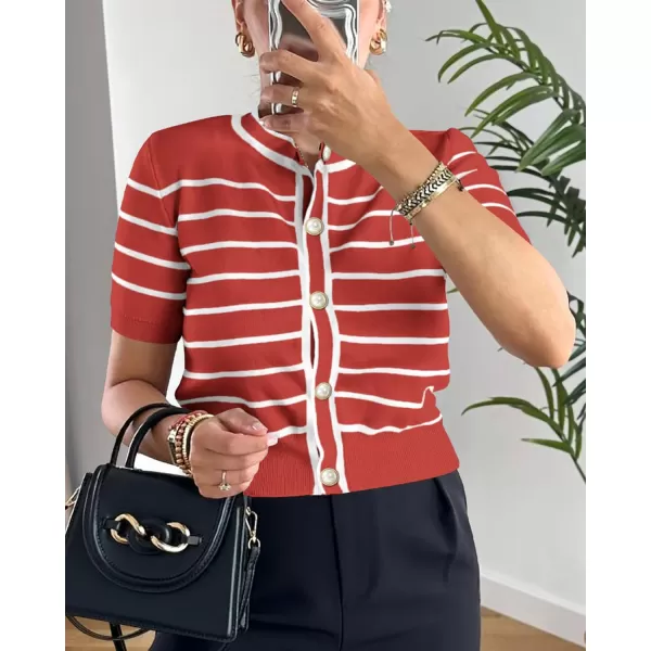 imagePRETTYGARDEN Womens Summer Knit Tops Short Sleeve Crewneck Button Down Striped Shirts Dressy Casual Cute Ladies BlousesRust Red