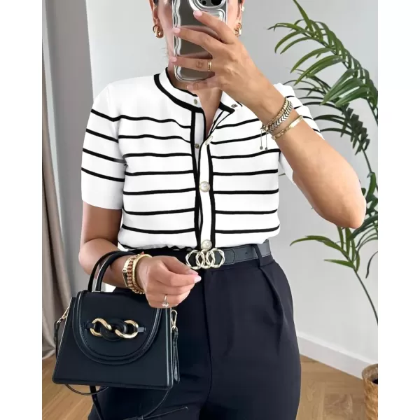imagePRETTYGARDEN Womens Summer Knit Tops Short Sleeve Crewneck Button Down Striped Shirts Dressy Casual Cute Ladies BlousesWhite