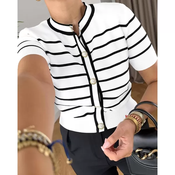 imagePRETTYGARDEN Womens Summer Knit Tops Short Sleeve Crewneck Button Down Striped Shirts Dressy Casual Cute Ladies BlousesWhite