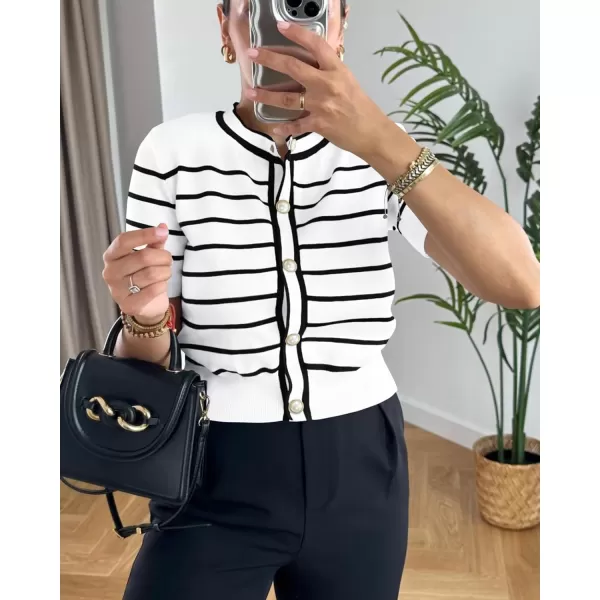 imagePRETTYGARDEN Womens Summer Knit Tops Short Sleeve Crewneck Button Down Striped Shirts Dressy Casual Cute Ladies BlousesWhite