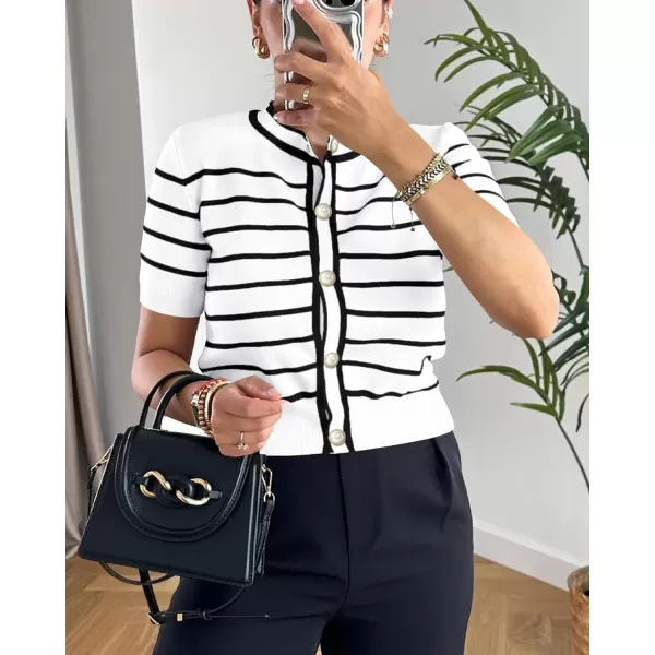 imagePRETTYGARDEN Womens Summer Knit Tops Short Sleeve Crewneck Button Down Striped Shirts Dressy Casual Cute Ladies BlousesWhite