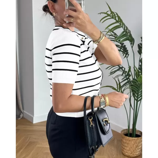 imagePRETTYGARDEN Womens Summer Knit Tops Short Sleeve Crewneck Button Down Striped Shirts Dressy Casual Cute Ladies BlousesWhite