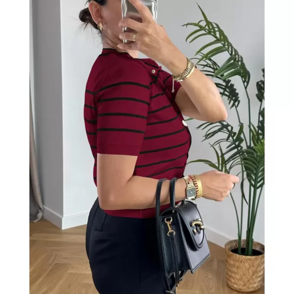 imagePRETTYGARDEN Womens Summer Knit Tops Short Sleeve Crewneck Button Down Striped Shirts Dressy Casual Cute Ladies BlousesWine Red