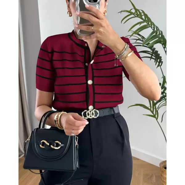 imagePRETTYGARDEN Womens Summer Knit Tops Short Sleeve Crewneck Button Down Striped Shirts Dressy Casual Cute Ladies BlousesWine Red