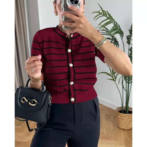 imagePRETTYGARDEN Womens Summer Knit Tops Short Sleeve Crewneck Button Down Striped Shirts Dressy Casual Cute Ladies BlousesWine Red