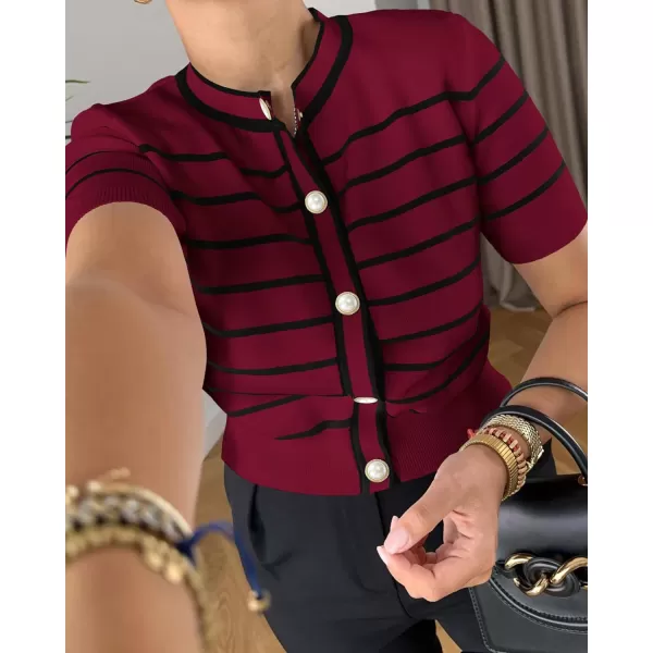 imagePRETTYGARDEN Womens Summer Knit Tops Short Sleeve Crewneck Button Down Striped Shirts Dressy Casual Cute Ladies BlousesWine Red