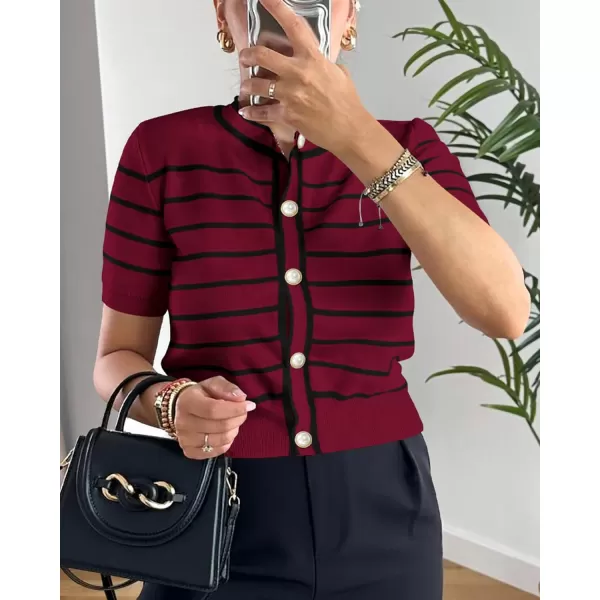 imagePRETTYGARDEN Womens Summer Knit Tops Short Sleeve Crewneck Button Down Striped Shirts Dressy Casual Cute Ladies BlousesWine Red