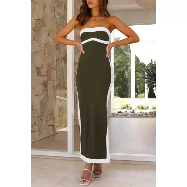imagePRETTYGARDEN Womens Summer Long Bodycon Dress Sexy Strapless Back Slit Cocktail Party Tube Maxi DressesArmy Green
