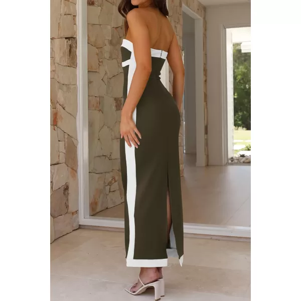 imagePRETTYGARDEN Womens Summer Long Bodycon Dress Sexy Strapless Back Slit Cocktail Party Tube Maxi DressesArmy Green