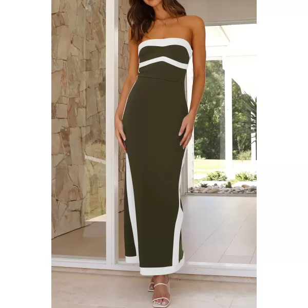 imagePRETTYGARDEN Womens Summer Long Bodycon Dress Sexy Strapless Back Slit Cocktail Party Tube Maxi DressesArmy Green
