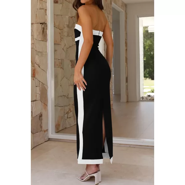 imagePRETTYGARDEN Womens Summer Long Bodycon Dress Sexy Strapless Back Slit Cocktail Party Tube Maxi DressesBlack White