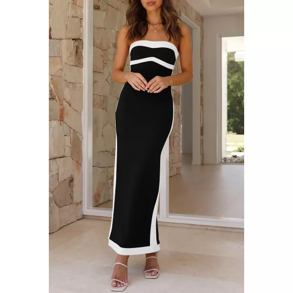 imagePRETTYGARDEN Womens Summer Long Bodycon Dress Sexy Strapless Back Slit Cocktail Party Tube Maxi DressesBlack White