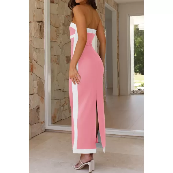 imagePRETTYGARDEN Womens Summer Long Bodycon Dress Sexy Strapless Back Slit Cocktail Party Tube Maxi DressesPink