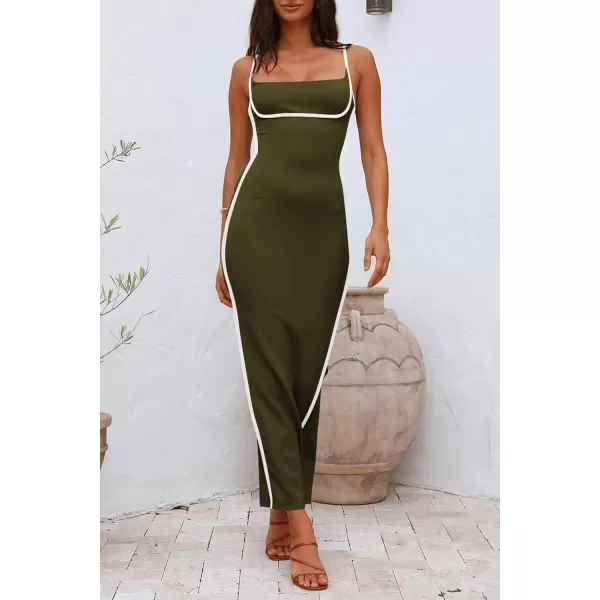 imagePRETTYGARDEN Womens Summer Long Bodycon Dress Spaghetti Strap Sleeveless Back Slit Maxi DressesArmy Green