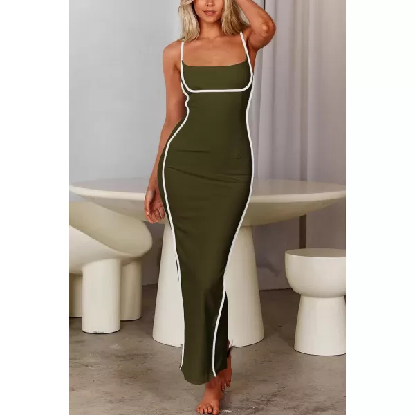 imagePRETTYGARDEN Womens Summer Long Bodycon Dress Spaghetti Strap Sleeveless Back Slit Maxi DressesArmy Green