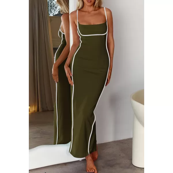 imagePRETTYGARDEN Womens Summer Long Bodycon Dress Spaghetti Strap Sleeveless Back Slit Maxi DressesArmy Green