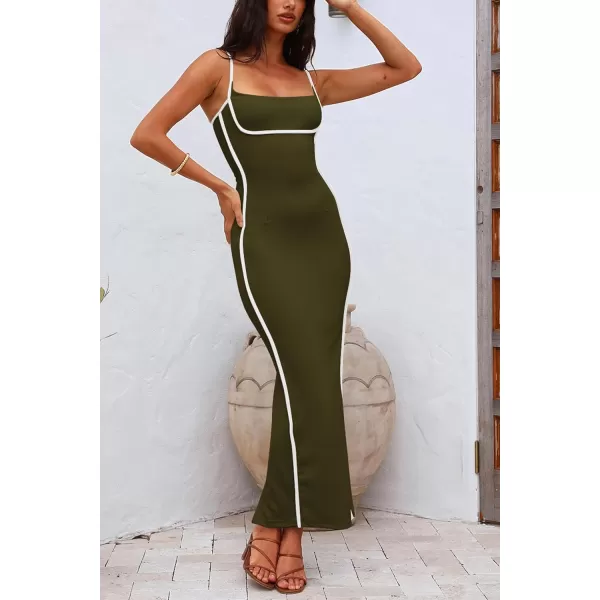 imagePRETTYGARDEN Womens Summer Long Bodycon Dress Spaghetti Strap Sleeveless Back Slit Maxi DressesArmy Green