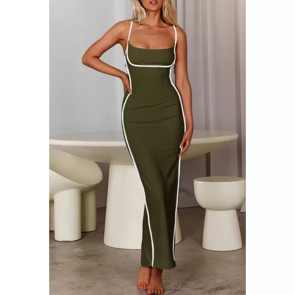 imagePRETTYGARDEN Womens Summer Long Bodycon Dress Spaghetti Strap Sleeveless Back Slit Maxi DressesArmy Green