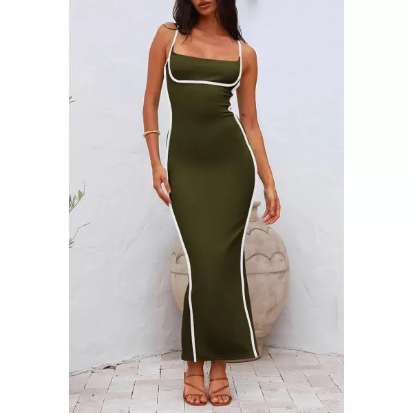 imagePRETTYGARDEN Womens Summer Long Bodycon Dress Spaghetti Strap Sleeveless Back Slit Maxi DressesArmy Green