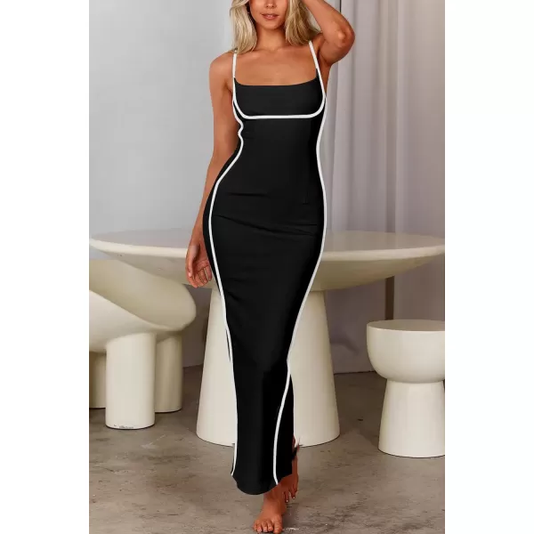 imagePRETTYGARDEN Womens Summer Long Bodycon Dress Spaghetti Strap Sleeveless Back Slit Maxi DressesBlack