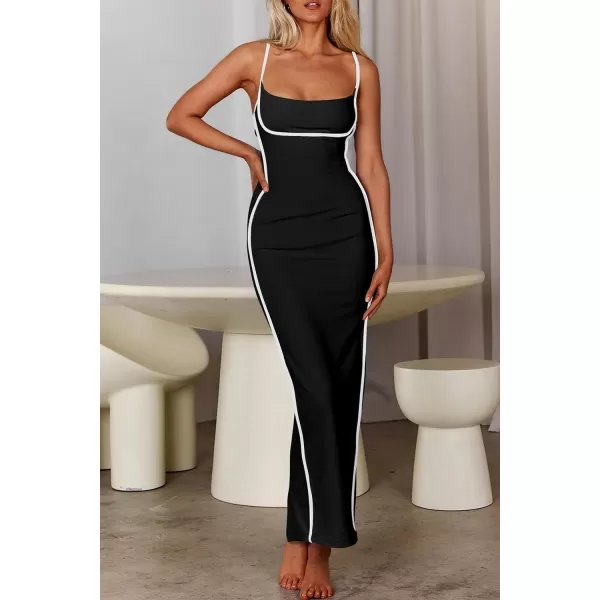 imagePRETTYGARDEN Womens Summer Long Bodycon Dress Spaghetti Strap Sleeveless Back Slit Maxi DressesBlack