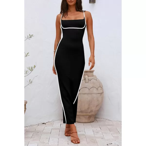 imagePRETTYGARDEN Womens Summer Long Bodycon Dress Spaghetti Strap Sleeveless Back Slit Maxi DressesBlack
