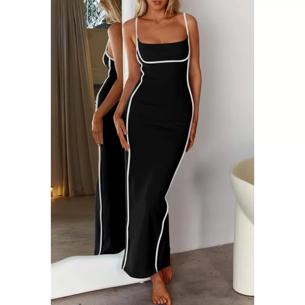 imagePRETTYGARDEN Womens Summer Long Bodycon Dress Spaghetti Strap Sleeveless Back Slit Maxi DressesBlack