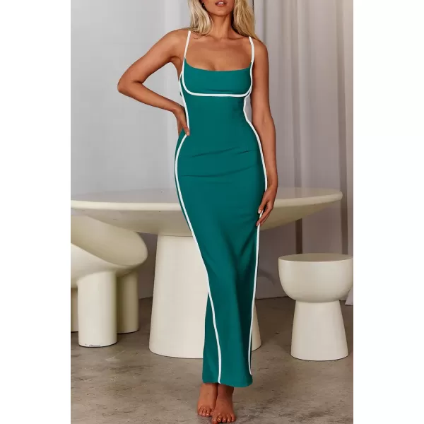 imagePRETTYGARDEN Womens Summer Long Bodycon Dress Spaghetti Strap Sleeveless Back Slit Maxi DressesBlue Green