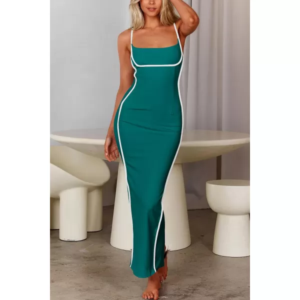 imagePRETTYGARDEN Womens Summer Long Bodycon Dress Spaghetti Strap Sleeveless Back Slit Maxi DressesBlue Green