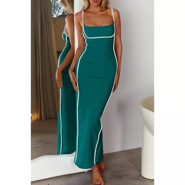 imagePRETTYGARDEN Womens Summer Long Bodycon Dress Spaghetti Strap Sleeveless Back Slit Maxi DressesBlue Green