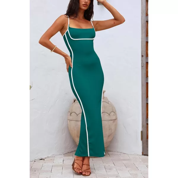imagePRETTYGARDEN Womens Summer Long Bodycon Dress Spaghetti Strap Sleeveless Back Slit Maxi DressesBlue Green