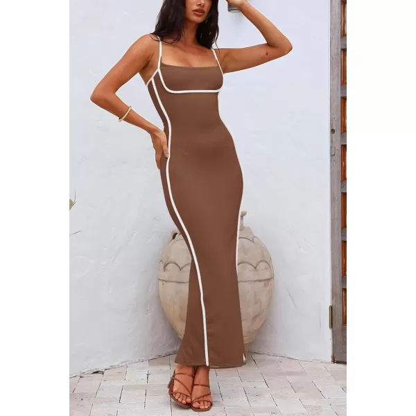 imagePRETTYGARDEN Womens Summer Long Bodycon Dress Spaghetti Strap Sleeveless Back Slit Maxi DressesKhaki