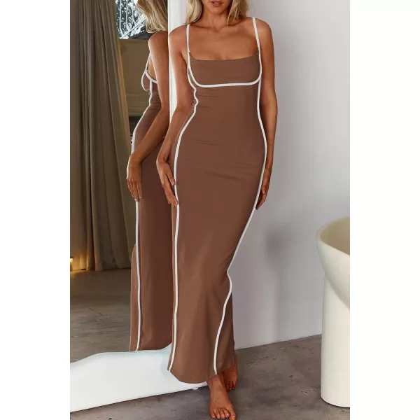 imagePRETTYGARDEN Womens Summer Long Bodycon Dress Spaghetti Strap Sleeveless Back Slit Maxi DressesKhaki
