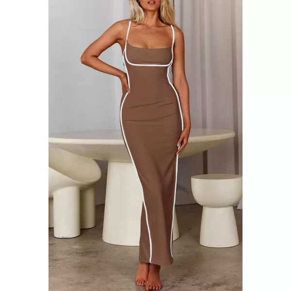 imagePRETTYGARDEN Womens Summer Long Bodycon Dress Spaghetti Strap Sleeveless Back Slit Maxi DressesKhaki
