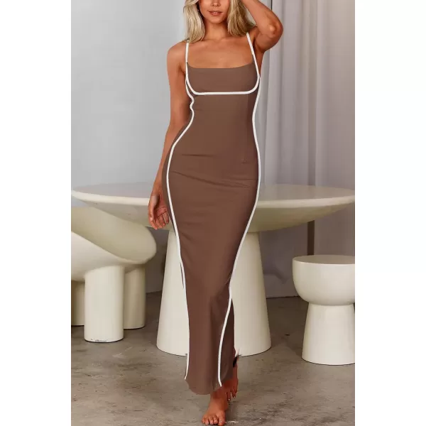 imagePRETTYGARDEN Womens Summer Long Bodycon Dress Spaghetti Strap Sleeveless Back Slit Maxi DressesKhaki