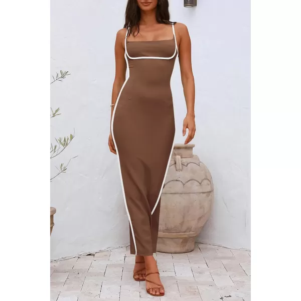 imagePRETTYGARDEN Womens Summer Long Bodycon Dress Spaghetti Strap Sleeveless Back Slit Maxi DressesKhaki