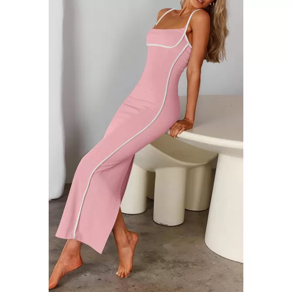 imagePRETTYGARDEN Womens Summer Long Bodycon Dress Spaghetti Strap Sleeveless Back Slit Maxi DressesLight Pink