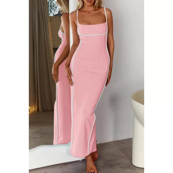 imagePRETTYGARDEN Womens Summer Long Bodycon Dress Spaghetti Strap Sleeveless Back Slit Maxi DressesLight Pink