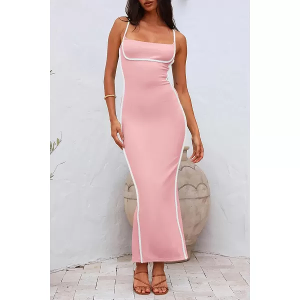 imagePRETTYGARDEN Womens Summer Long Bodycon Dress Spaghetti Strap Sleeveless Back Slit Maxi DressesLight Pink