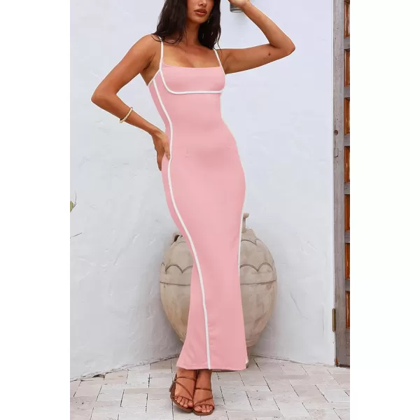 imagePRETTYGARDEN Womens Summer Long Bodycon Dress Spaghetti Strap Sleeveless Back Slit Maxi DressesLight Pink