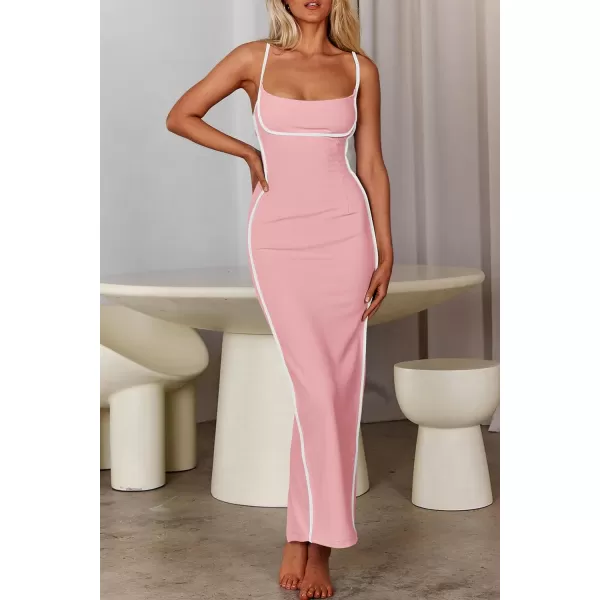imagePRETTYGARDEN Womens Summer Long Bodycon Dress Spaghetti Strap Sleeveless Back Slit Maxi DressesLight Pink