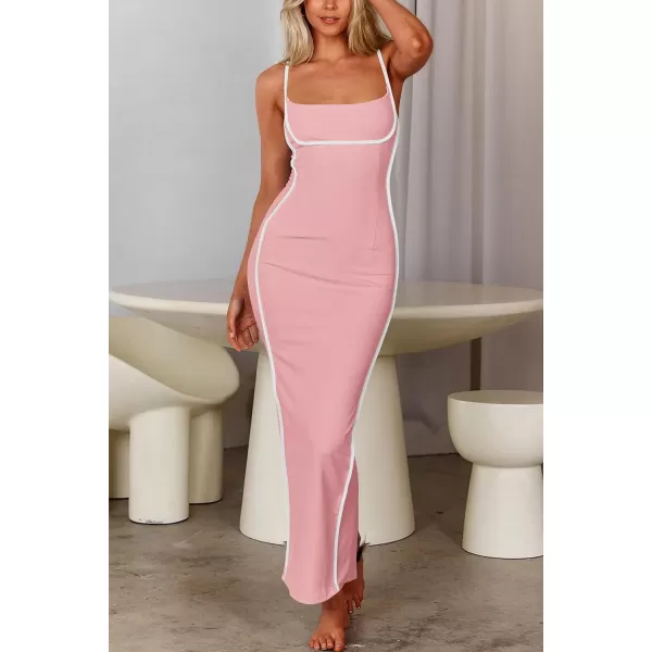 imagePRETTYGARDEN Womens Summer Long Bodycon Dress Spaghetti Strap Sleeveless Back Slit Maxi DressesLight Pink