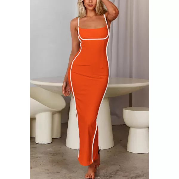 imagePRETTYGARDEN Womens Summer Long Bodycon Dress Spaghetti Strap Sleeveless Back Slit Maxi DressesOrange