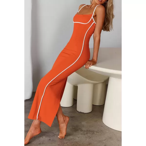 imagePRETTYGARDEN Womens Summer Long Bodycon Dress Spaghetti Strap Sleeveless Back Slit Maxi DressesOrange